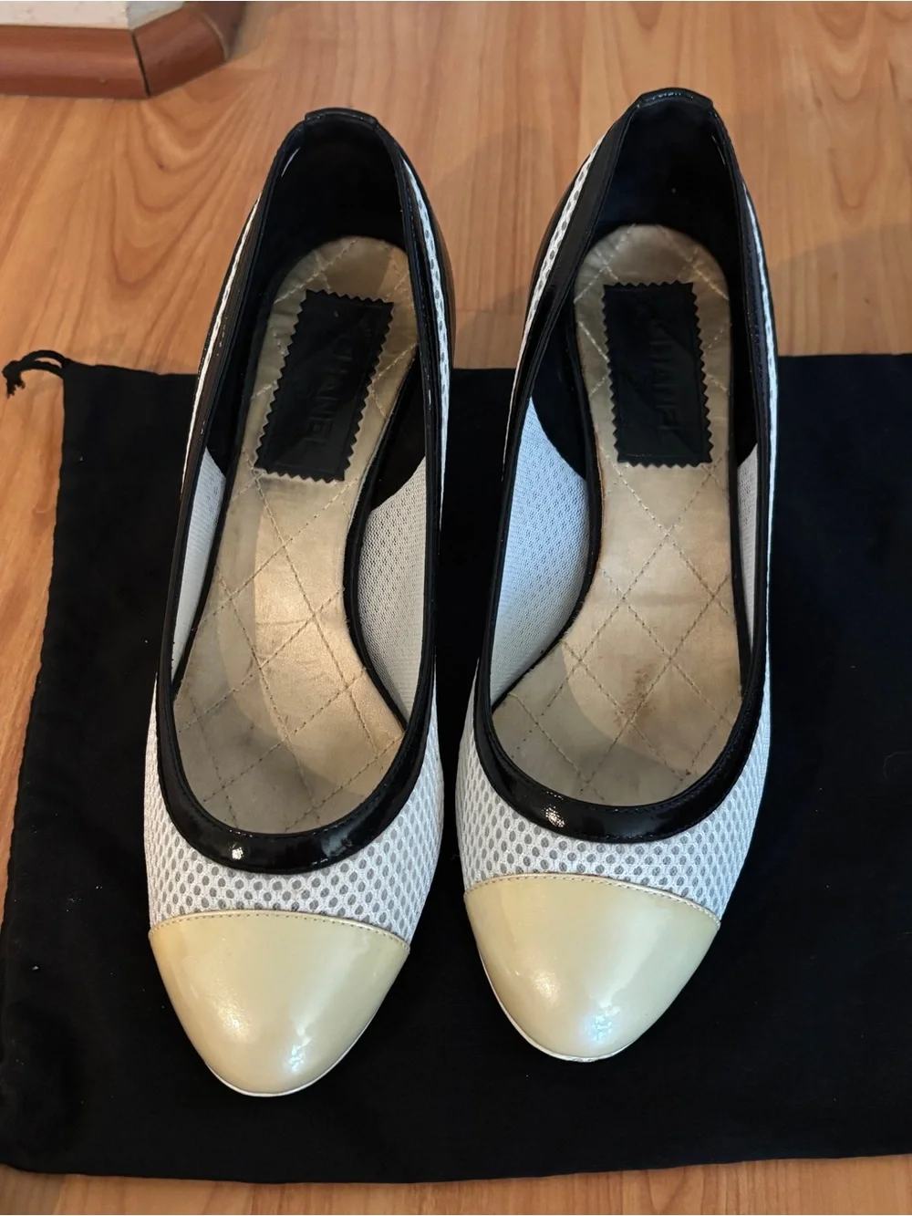CHANEL Cream Cap-Toe Mesh Pumps with Black Trim